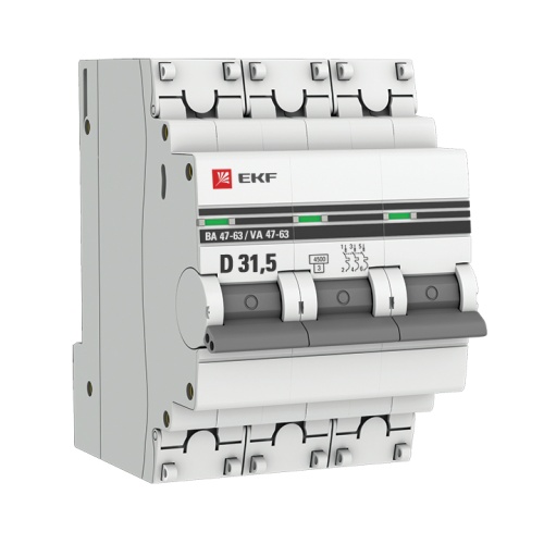 Автоматический выключатель 3P 31,5А (D) 4,5kA ВА 47-63 PROxima | код  mcb4763-3-31.5D-pro | EKF